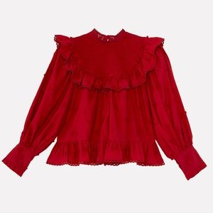 FARM Rio Red 3D Hearts Smocked Long Sleeve Ruffle Valentine Top Size Large